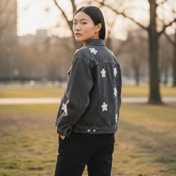 Black Denim Jacket with White Daisy and bead Accents, by Blue Velvet size medium - Picture 2 of 13